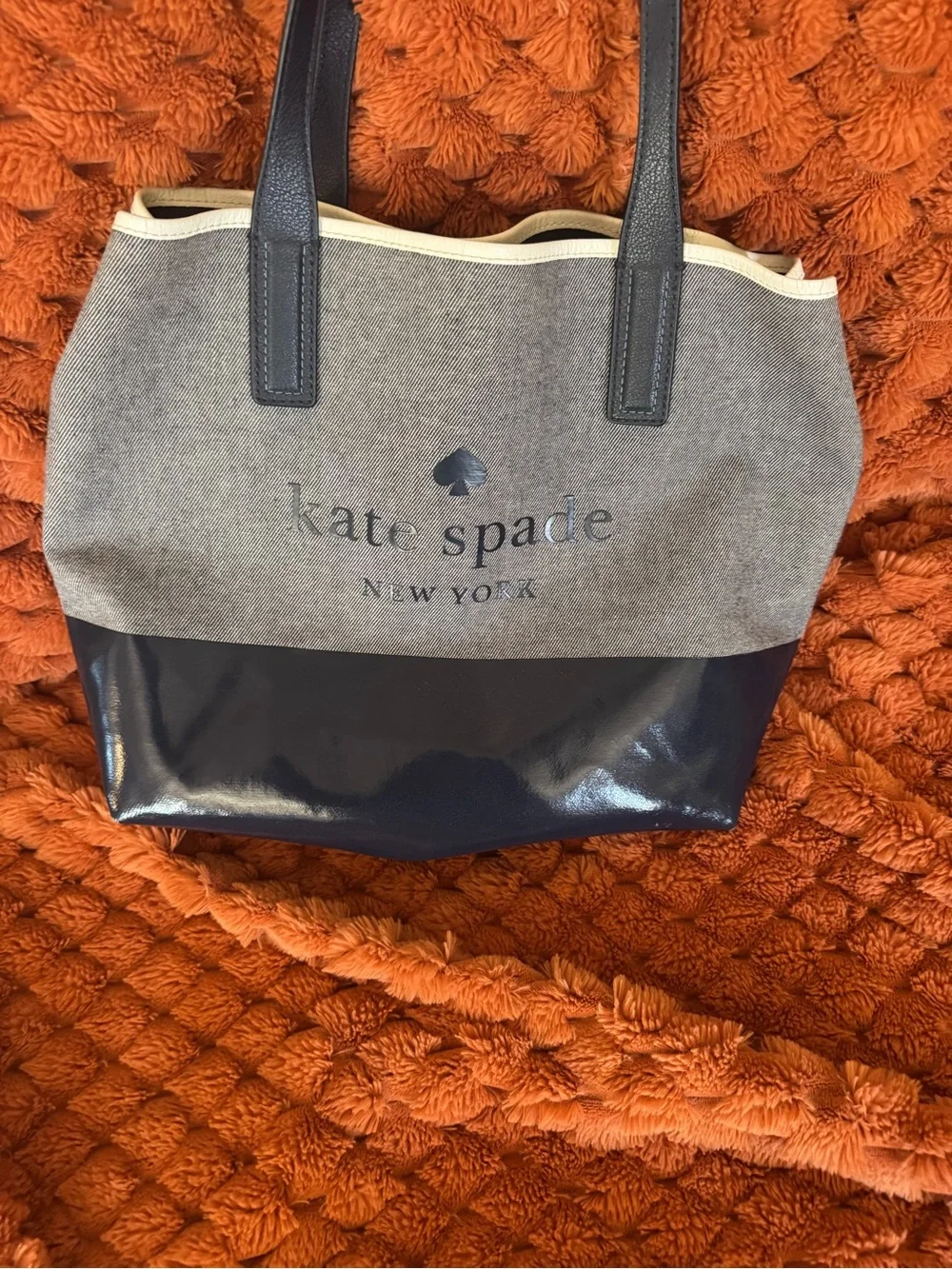 kate spade Gray Canvas Tote with Navy Patent Base